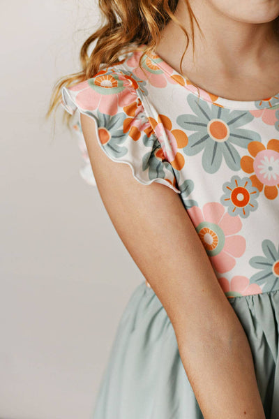Mint Sage Retro Daisy Hi-Lo Flutter Sleeve Dress