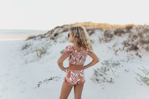 Tan Tropical Print Ruched Shirred 2 Piece Swimsuit