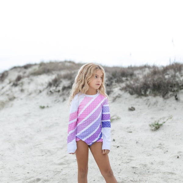 Pink Lavender Ombre Stripe Zip Rash Guard One Piece Swimsuit