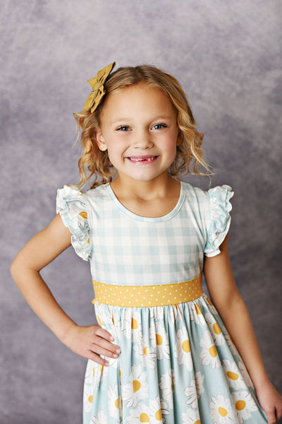 Gingham Check Daisy Ruffle Twirl Spring Dress
