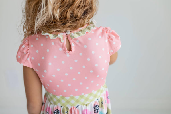 Peach & Green Floral Gingham Ruffle Dress