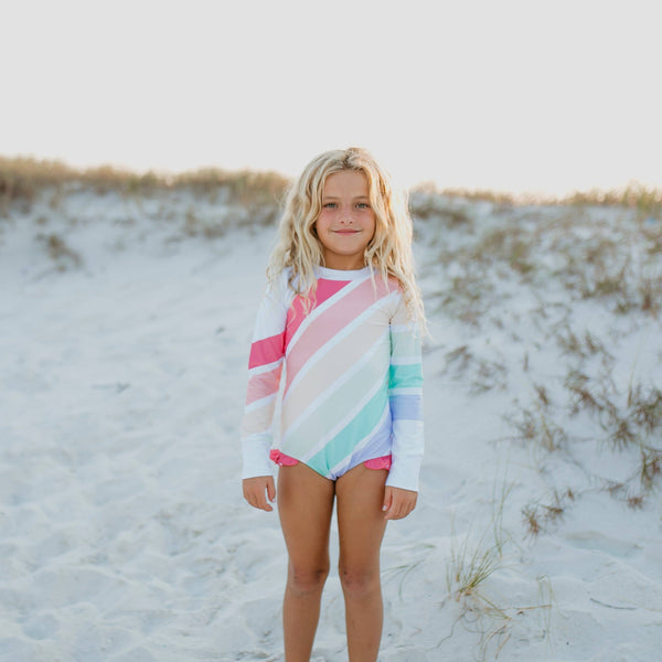 Pastel Rainbow Stripe Zip Rash Guard One Piece Swimsuit
