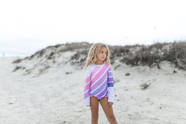 Pink Lavender Ombre Stripe Zip Rash Guard One Piece Swimsuit