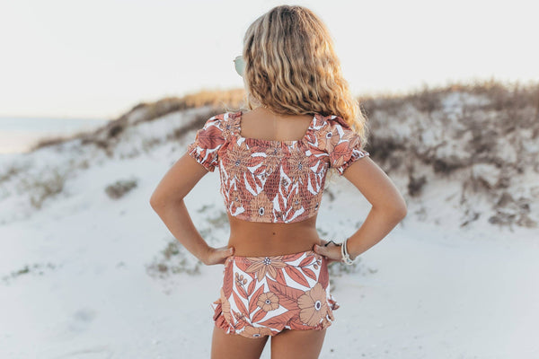 Tan Tropical Print Ruched Shirred 2 Piece Swimsuit