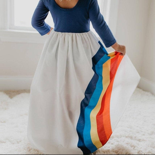 Girls' Navy Rainbow Long Sleeve High Lo Dress