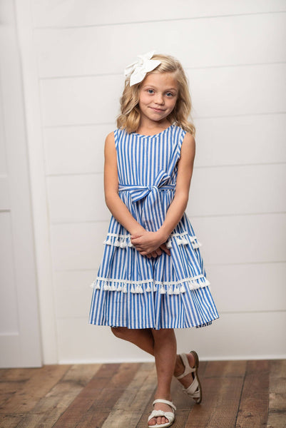 Blue Stripe Tiered Tassel Dress for Girls