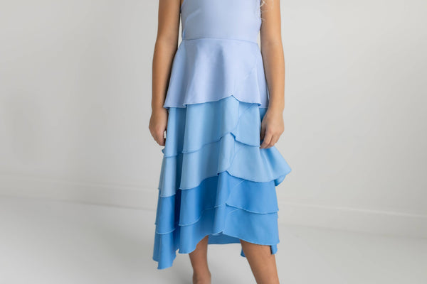 Blue Ombre Waterfall Layered Halter Hi Lo Dress