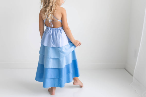 Blue Ombre Waterfall Layered Halter Hi Lo Dress