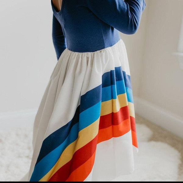 Girls' Navy Rainbow Long Sleeve High Lo Dress
