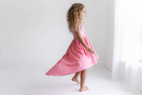 Girls Pink Purple Retro Daisy Hi-Lo Flutter Sleeve Dress