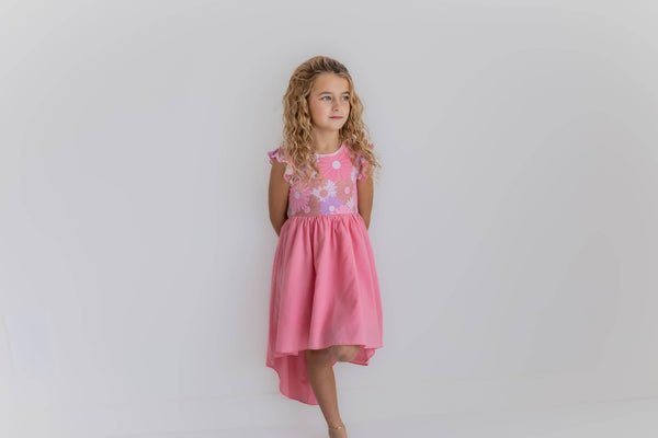 Girls Pink Purple Retro Daisy Hi-Lo Flutter Sleeve Dress