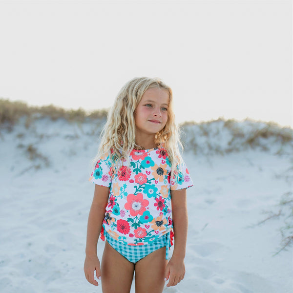 Teal Gingham & Floral Rash Guard Ruffle Bottom Two-Piece Swimsuit