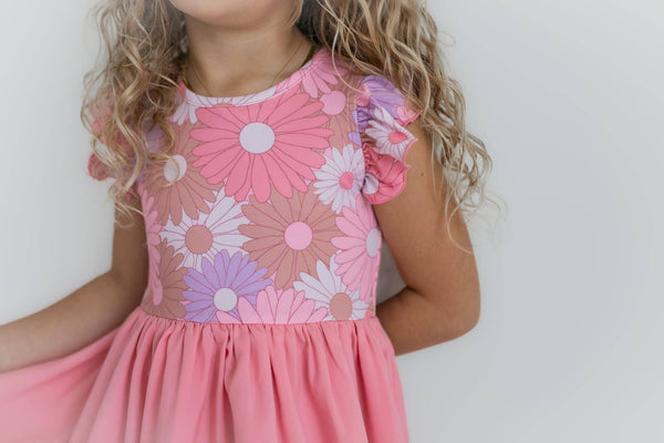 Girls Pink Purple Retro Daisy Hi-Lo Flutter Sleeve Dress