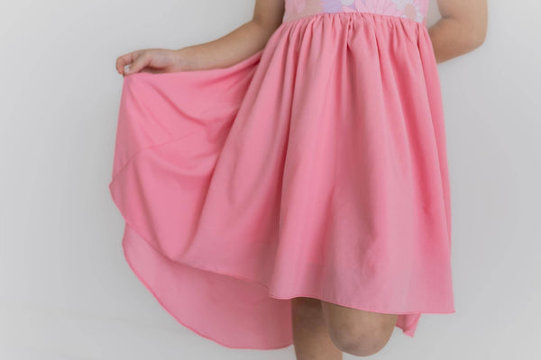 Girls Pink Purple Retro Daisy Hi-Lo Flutter Sleeve Dress
