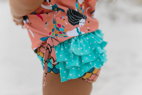 Coral Mermaid Rash Guard Ruffle Bottom Swimsuit