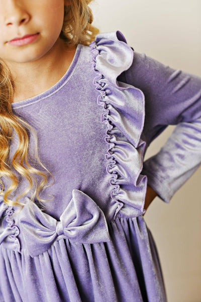 Lavender Velvet Bow Ruffle Fancy Holiday Party Dress
