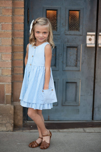 Blue & White Gingham Check Pocket Ruffle Spring Dress
