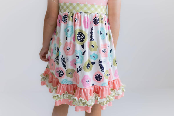 Peach & Green Floral Gingham Ruffle Dress