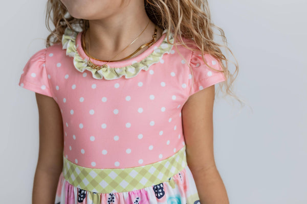 Peach & Green Floral Gingham Ruffle Dress