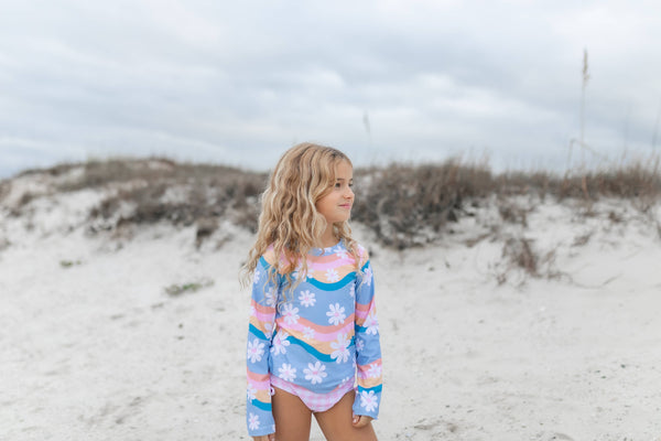 Retro Pastel Daisy Long Sleeve Rash Guard Two-Piece Swimsuit