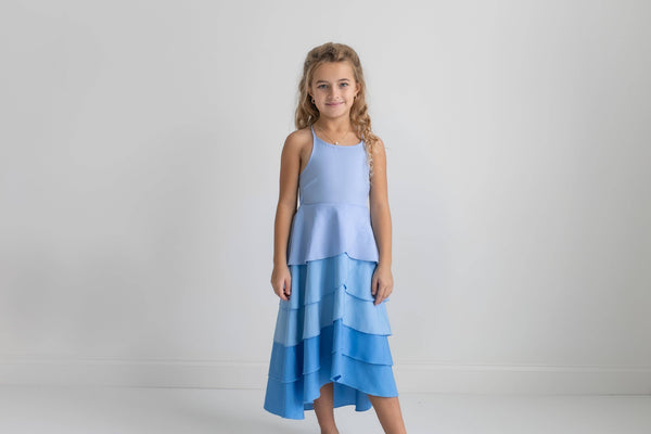 Blue Ombre Waterfall Layered Halter Hi Lo Dress