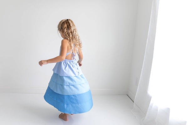 Blue Ombre Waterfall Layered Halter Hi Lo Dress