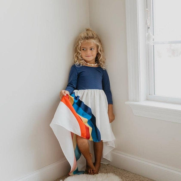 Girls' Navy Rainbow Long Sleeve High Lo Dress