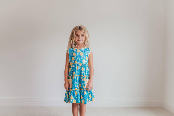 Teal Lemon Pocket Bow Ruffle Dress