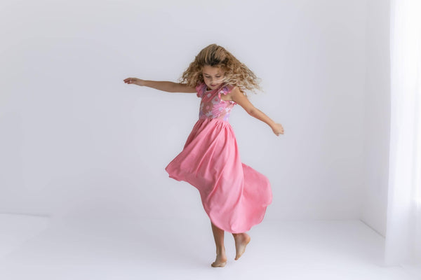 Girls Pink Purple Retro Daisy Hi-Lo Flutter Sleeve Dress