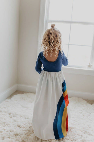 Girls' Navy Rainbow Long Sleeve High Lo Dress