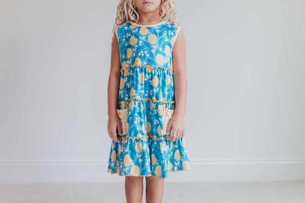 Teal Lemon Pocket Bow Ruffle Dress