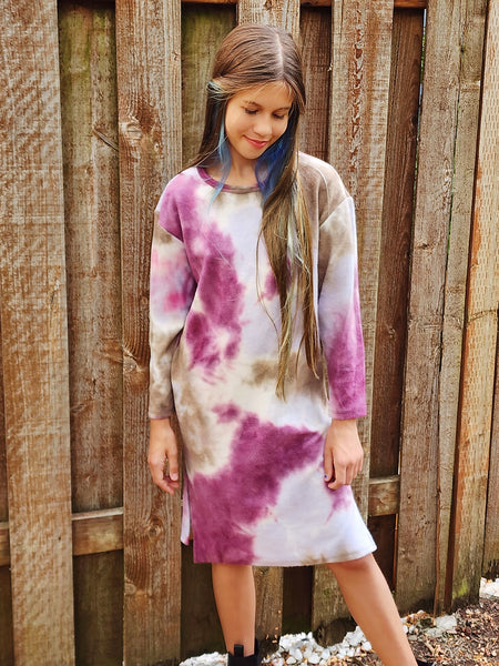 Girls' Tie Dye Print Side Slit Brushed Knit Midi Dress