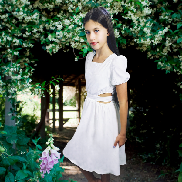 The Avren White Puff-Sleeve Cut-Out Dress for Girls