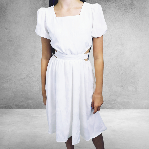 The Avren White Puff-Sleeve Cut-Out Dress for Girls