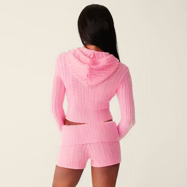 Chase Cable Knit Sweater Crop Hoody & Matching Shorts Lounge Set