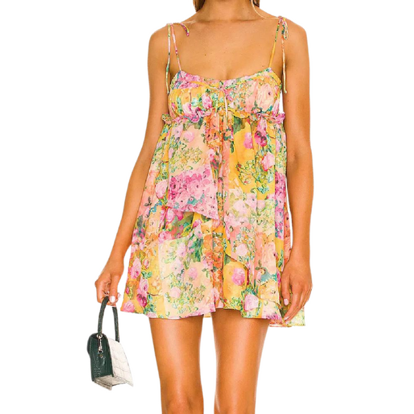 The Golden Yellow Boho Floral Tie Beach Mini Dress for Women