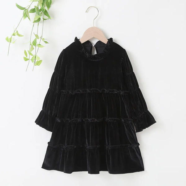 The Nora Long-Sleeve Ruffle Velvet Dress for Little Girls