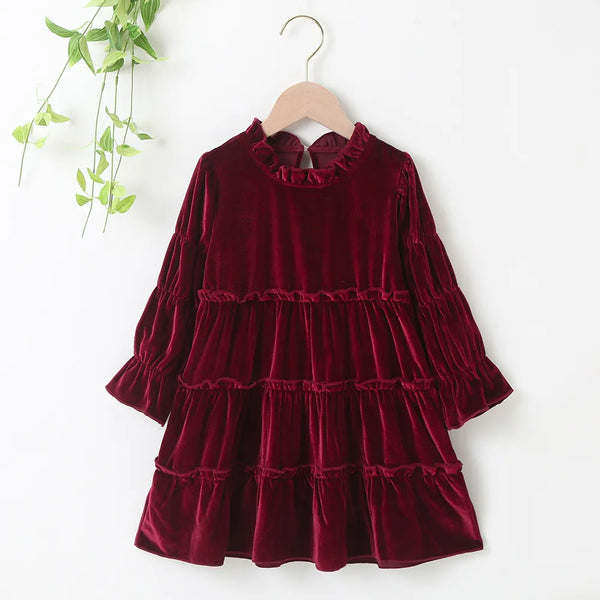 The Nora Long-Sleeve Ruffle Velvet Dress for Little Girls