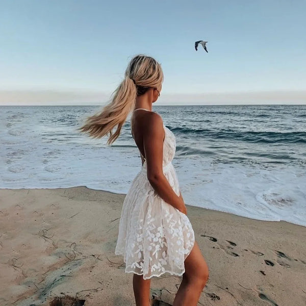 The Genevieve White Halter Lace Dress for Women