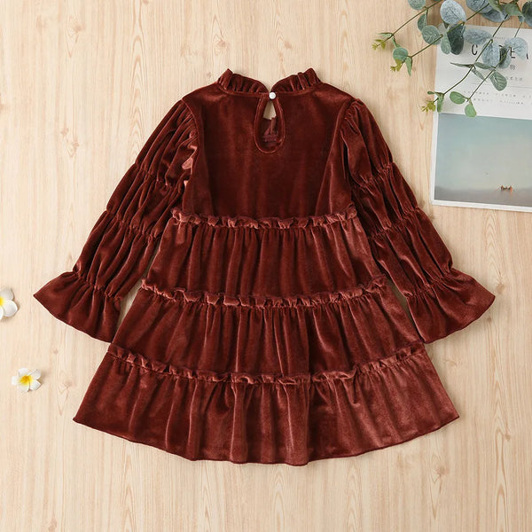 The Nora Long-Sleeve Ruffle Velvet Dress for Little Girls