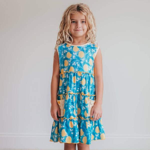 Teal Lemon Pocket Bow Ruffle Dress