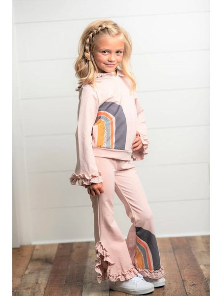Girls Blush Pink Rainbow Hooded Fall Sweatsuit Lounge Set