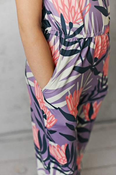 Navy Lavender Floral Jumpsuit With Pockets