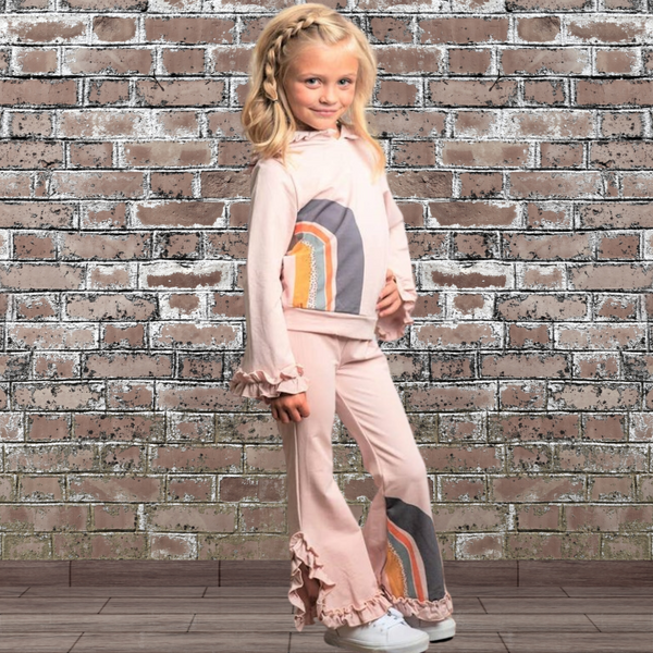 Girls Blush Pink Rainbow Hooded Fall Sweatsuit Lounge Set