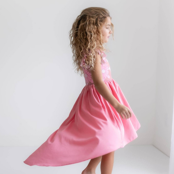 Girls Pink Purple Retro Daisy Hi-Lo Flutter Sleeve Dress