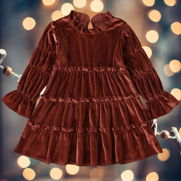 The Nora Long-Sleeve Ruffle Velvet Dress for Little Girls