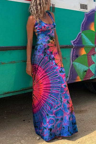 Sunburst Strappy Backless Soft Black Tie Dye Maxi for Women & Teens