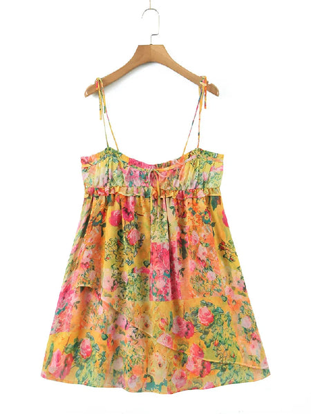 The Golden Yellow Boho Floral Tie Beach Mini Dress for Women