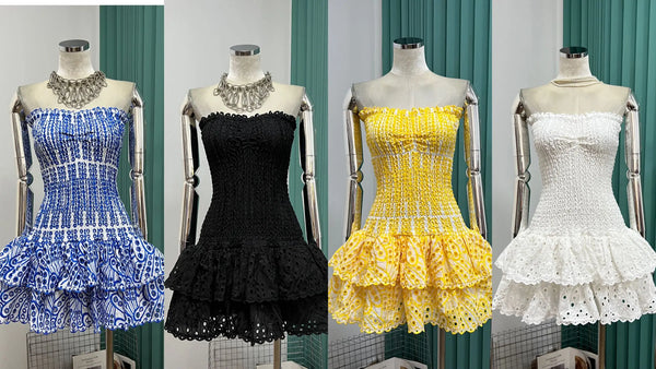 The Krystal Strapless Eyelet Ruffle Mini Dress for Women