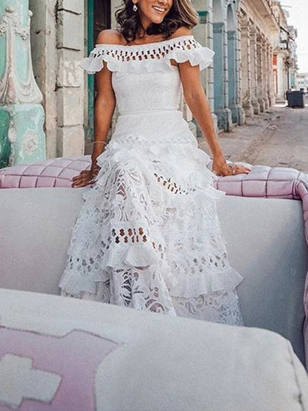 The Ellis Off-The-Shoulder Ruffle Tiered Lace Maxi Dress for Women